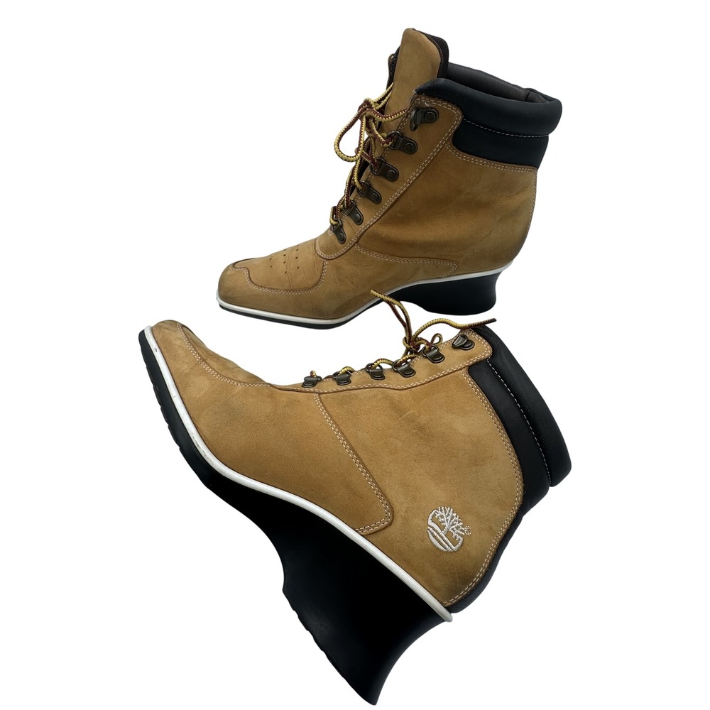 Timberland 19345 Womens Wheat Leather Lace Up Wedge Ankle Boots Square Toe 8M